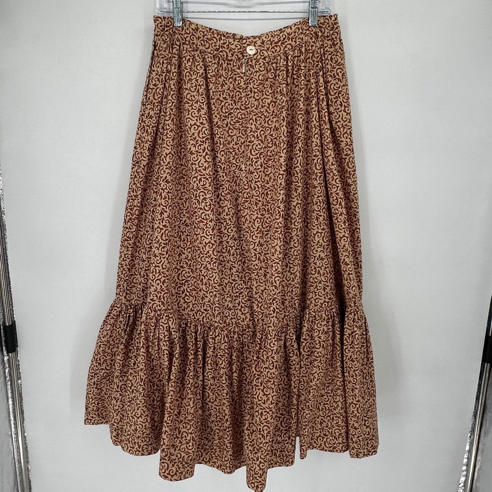 Handmade Brown Scroll Print Tiered Maxi Skirt Ruffle Hem L Cottagecore Costume - Picture 4 of 10